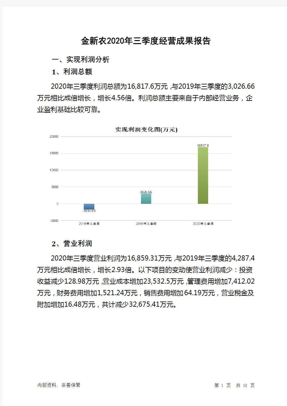 金新农2020年三季度经营成果报告