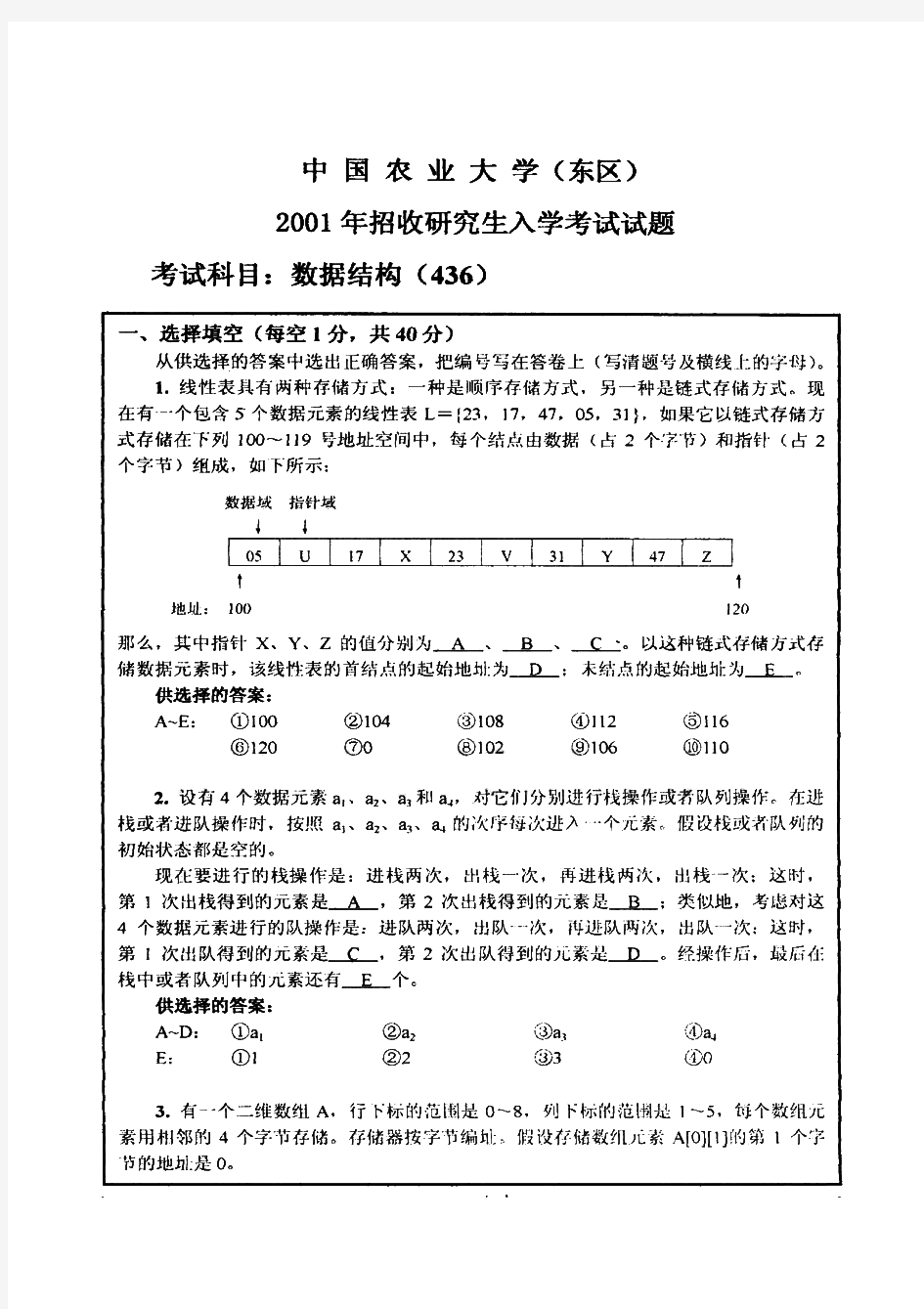 中国农业大学821数据结构历年考研试题