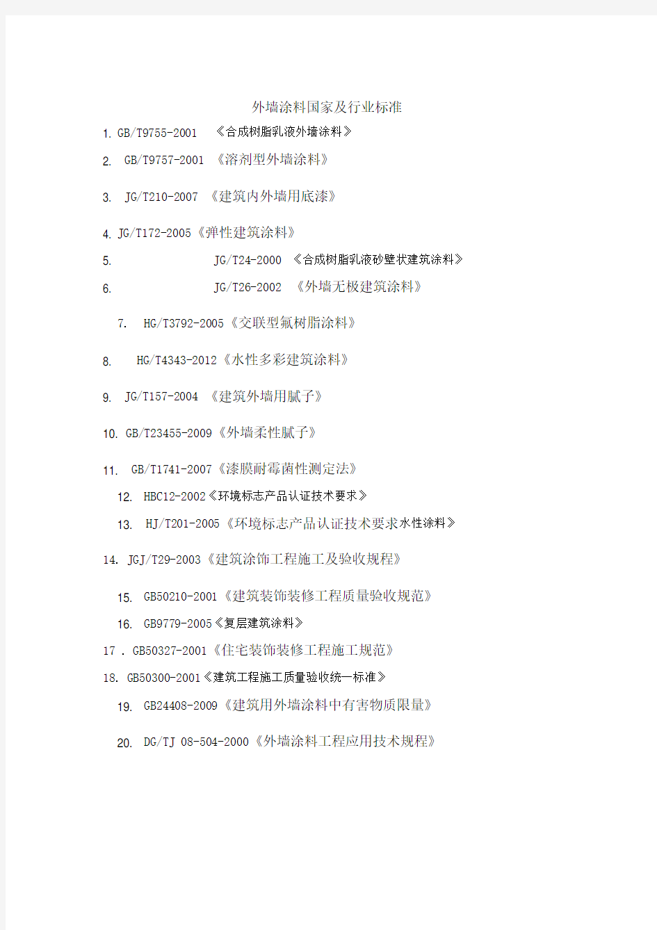 外墙涂料国家及行业标准