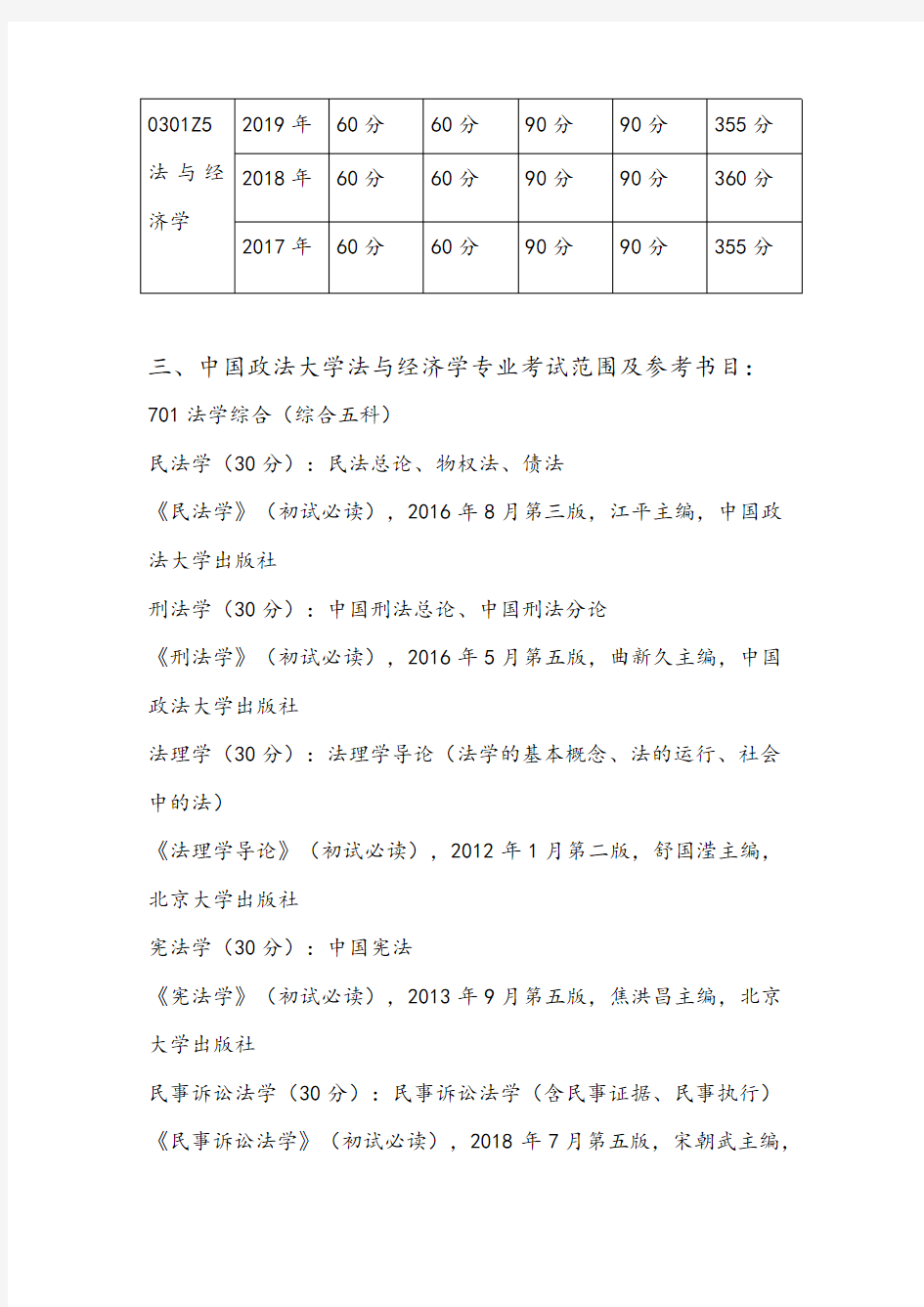 2020-2018年中国政法大学法与经济学专业历年招生人数、复试分数线、参考书目