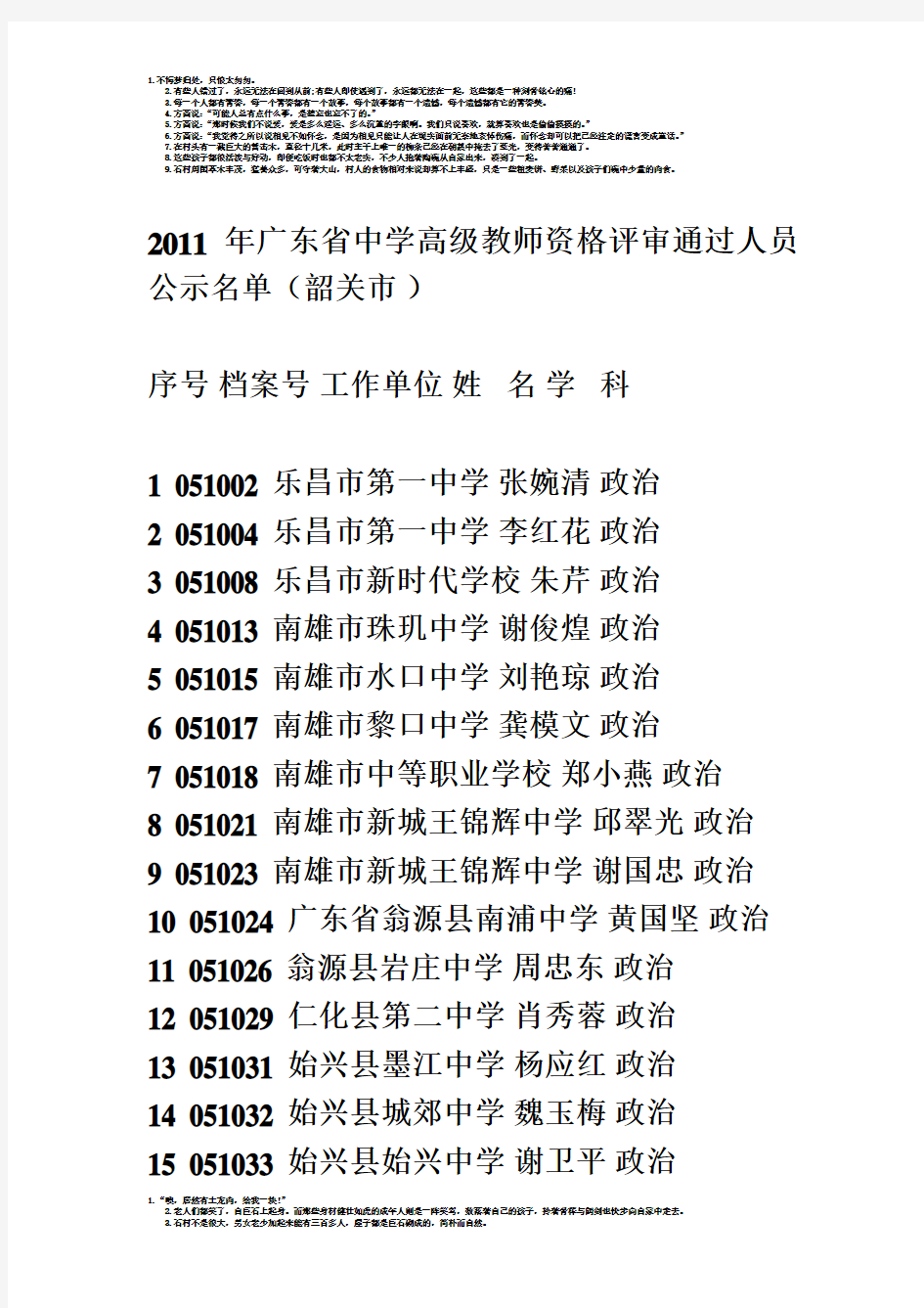 2011年广东省中学高级教师资格评审通过人员公示名单(韶关市-)