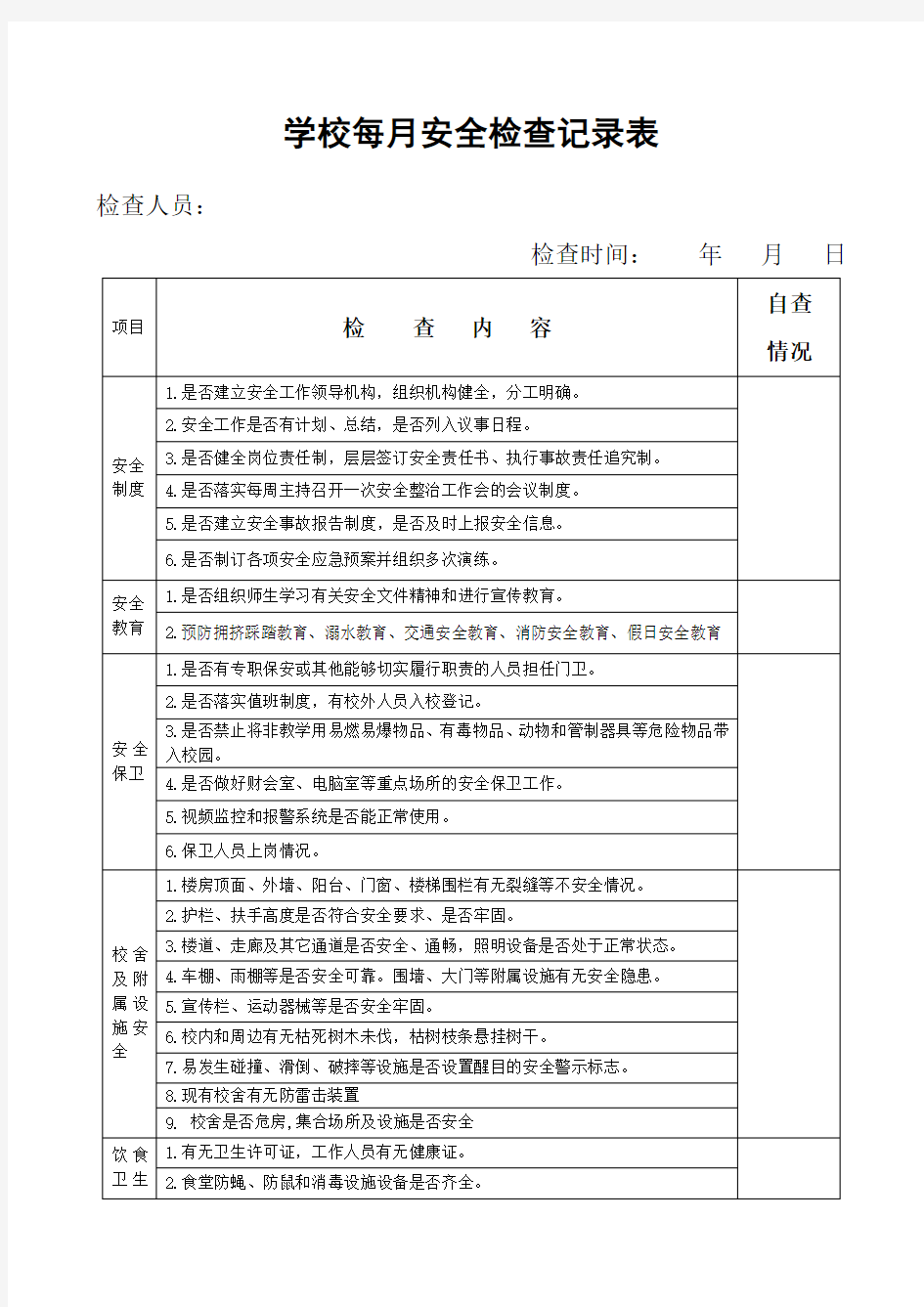 学校月安全检查记录表