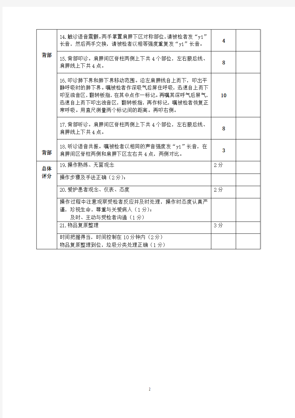 医学技能操作胸肺部体格检查技能考核评分标准