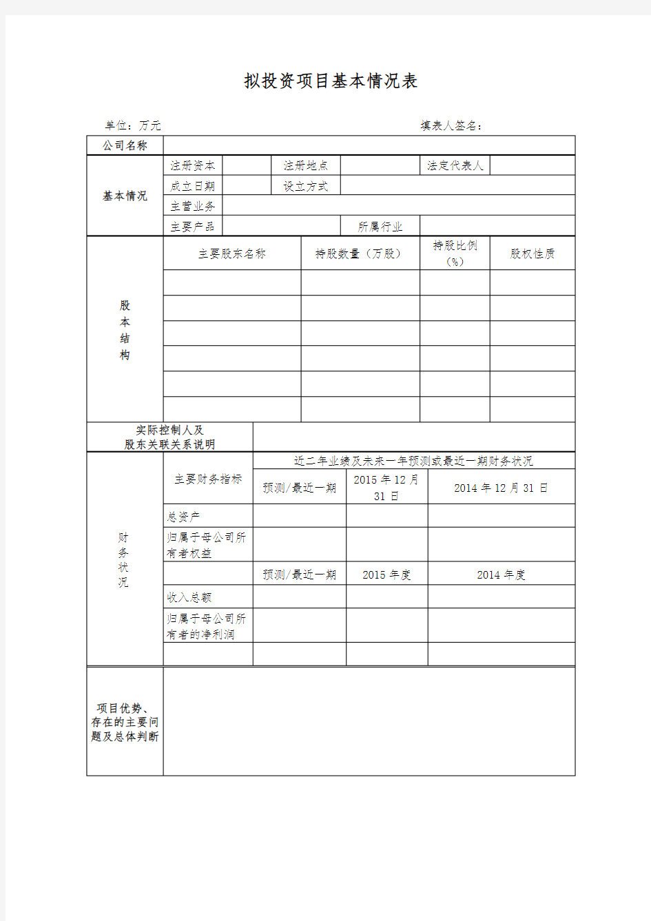 投资项目立项申请表