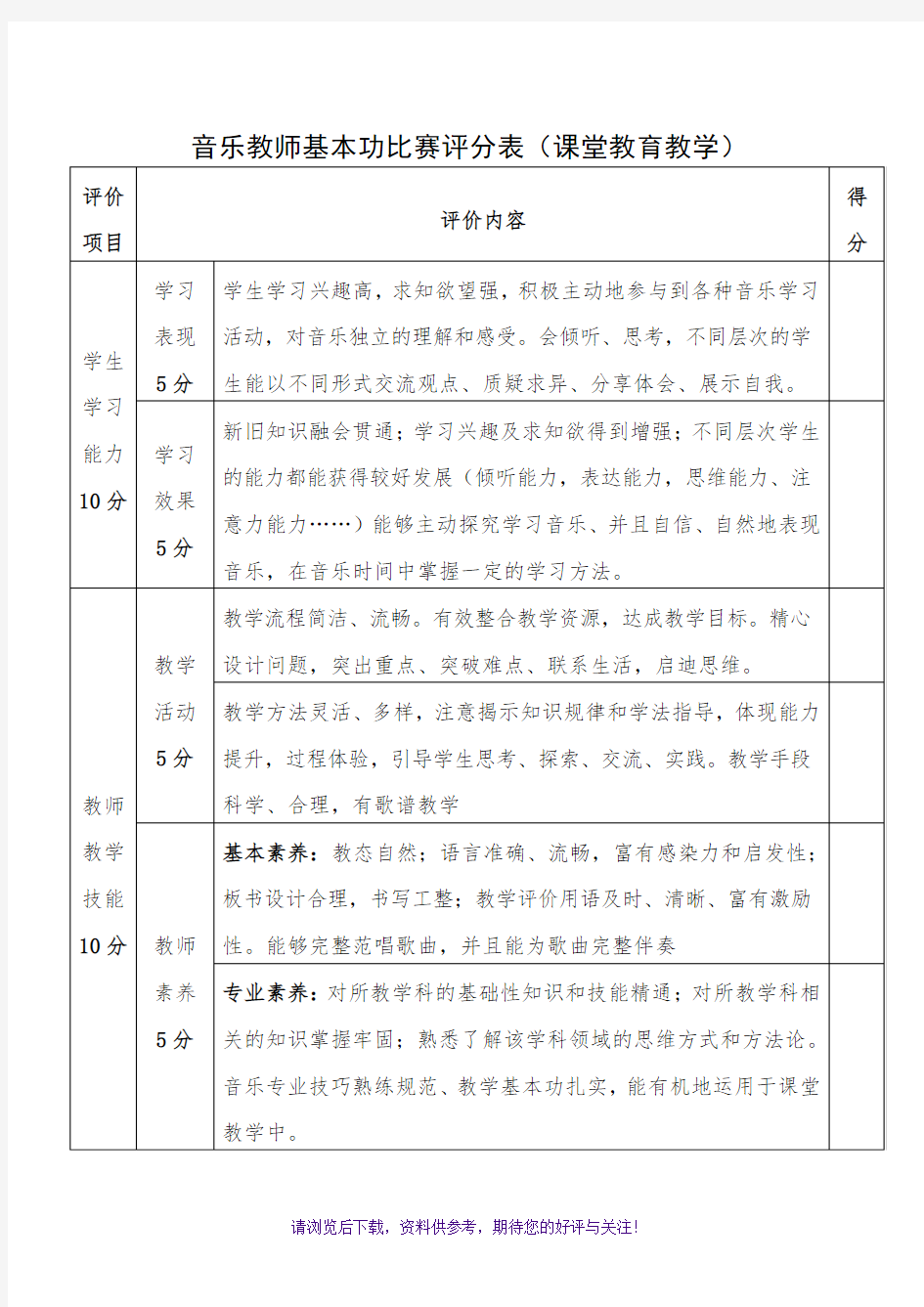 音乐教师基本功比赛专业评分表