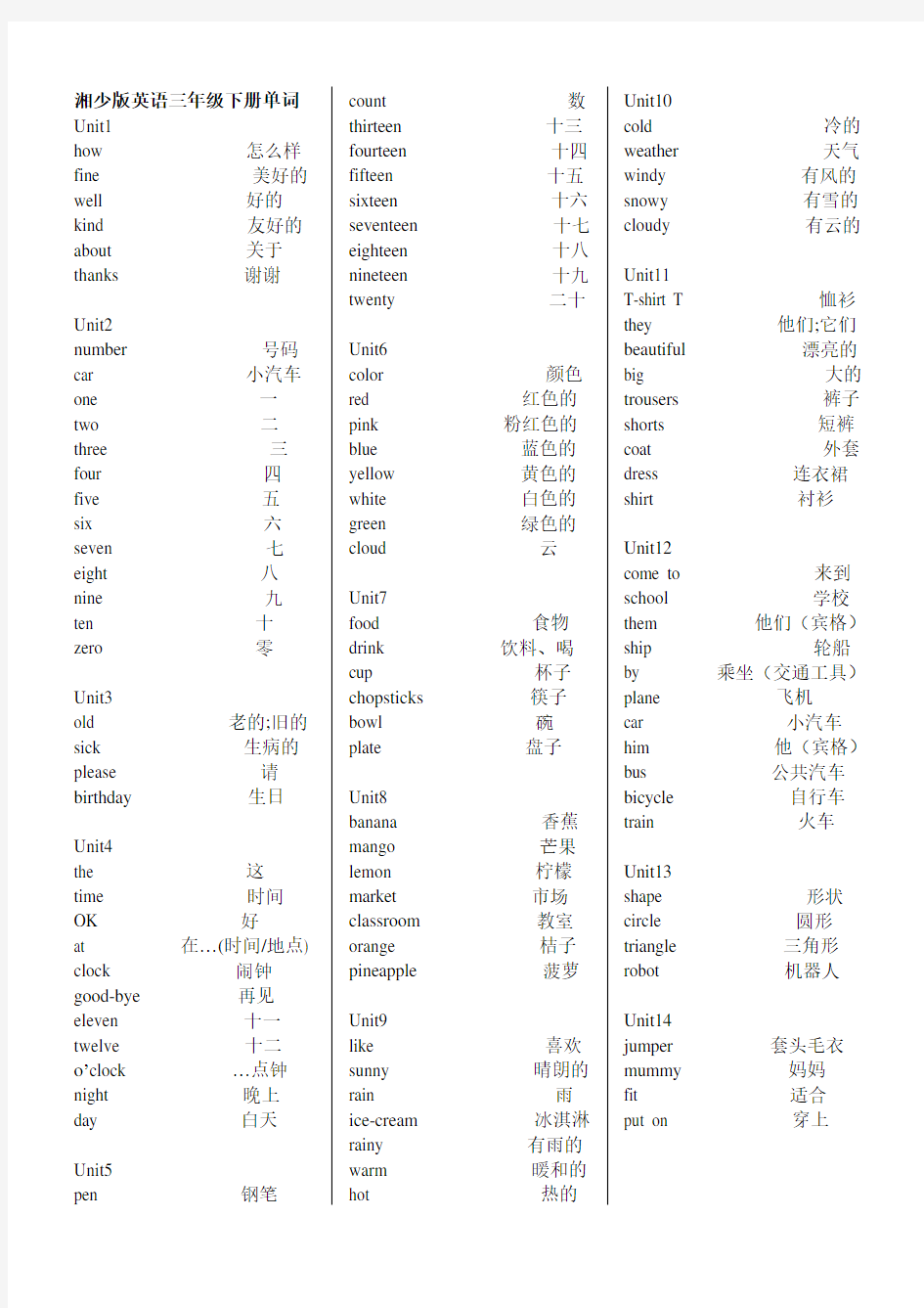 (完整word版)湘少版小学英语单词表3-6年级详细