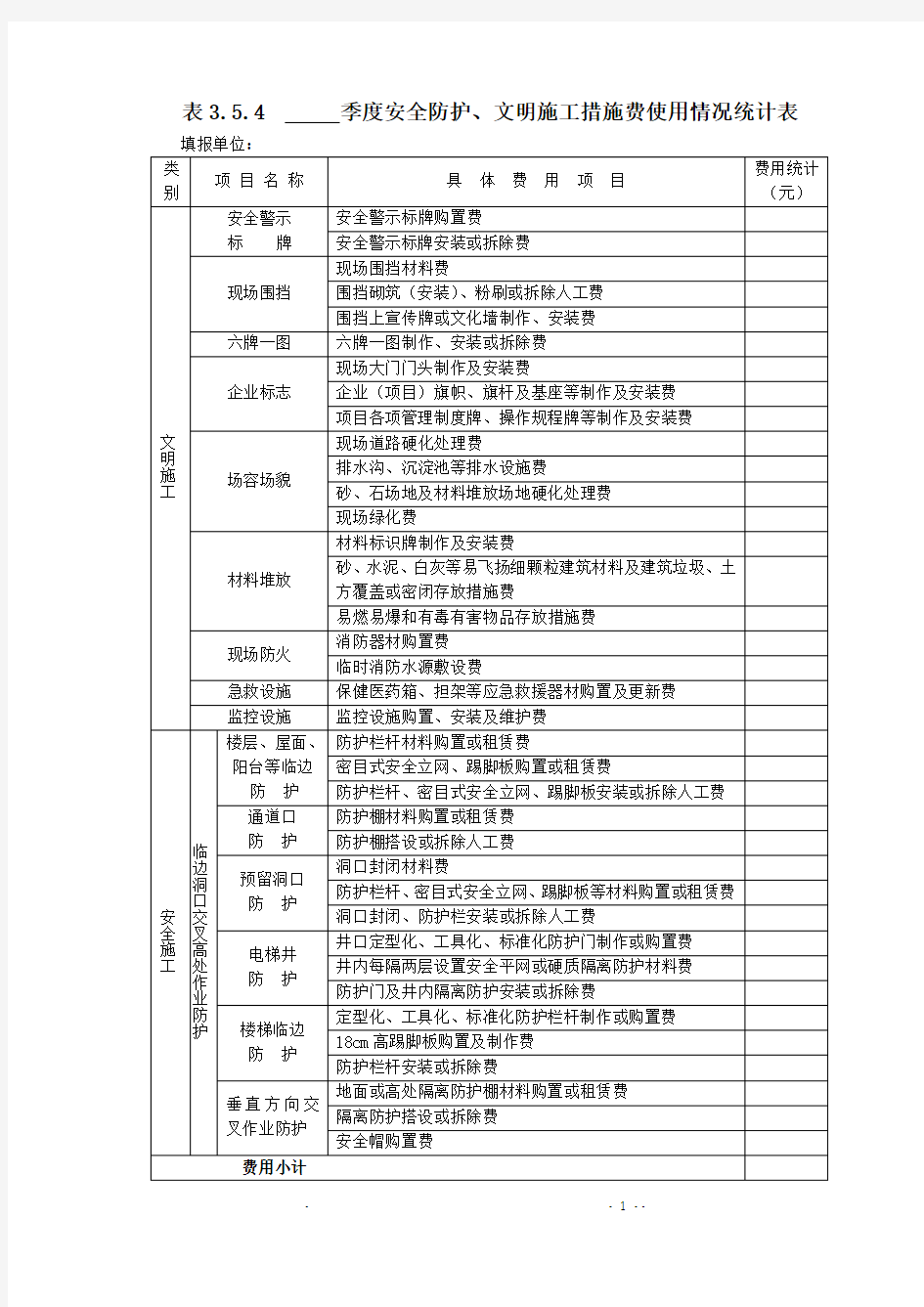 安全文明措施费统计表