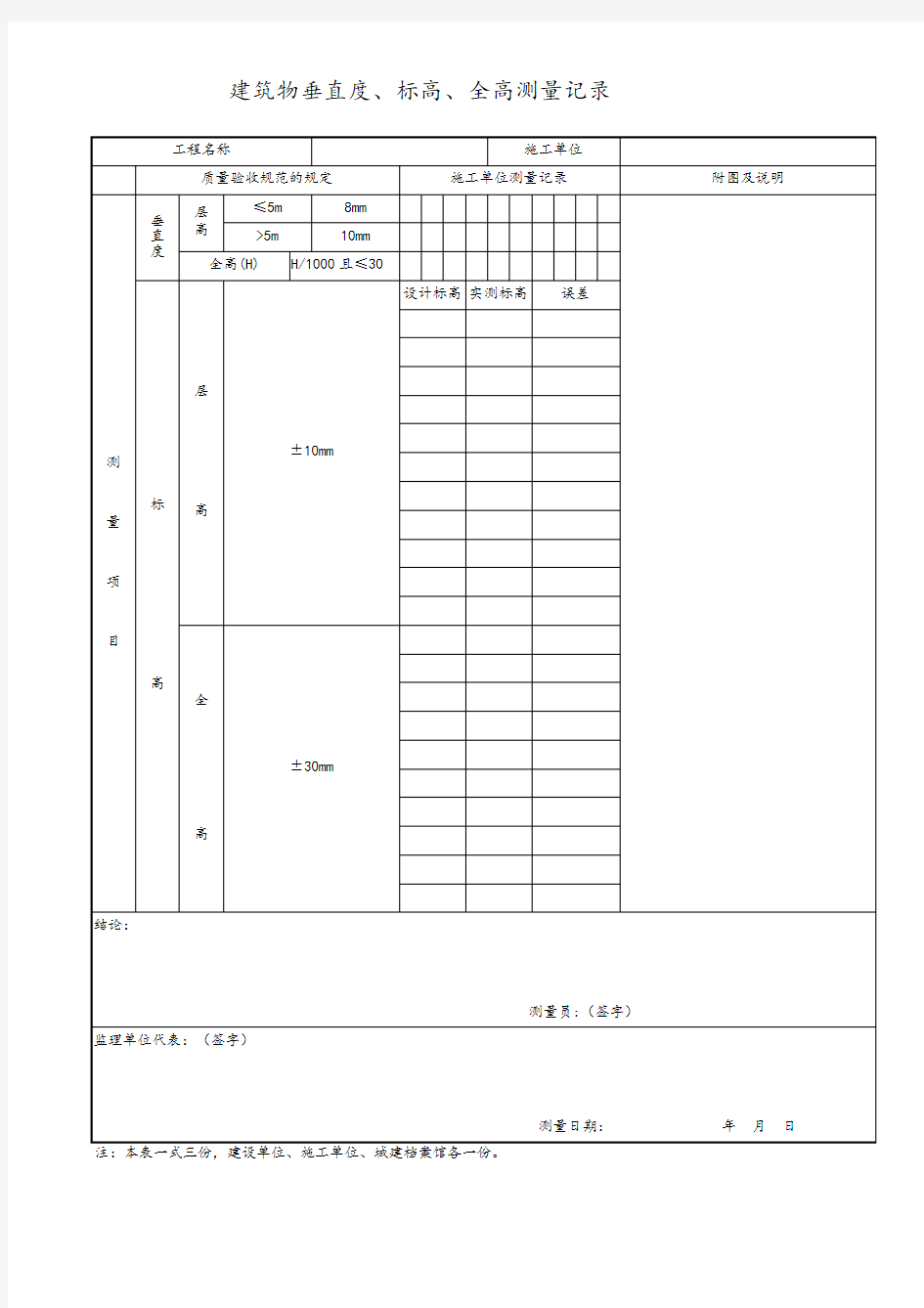 建筑物垂直度、标高、全高测量记录