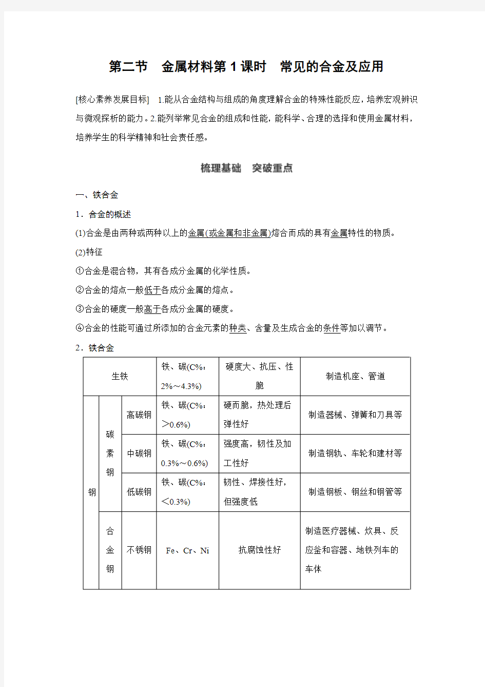 第二节 金属材料第1课时 常见的合金及应用
