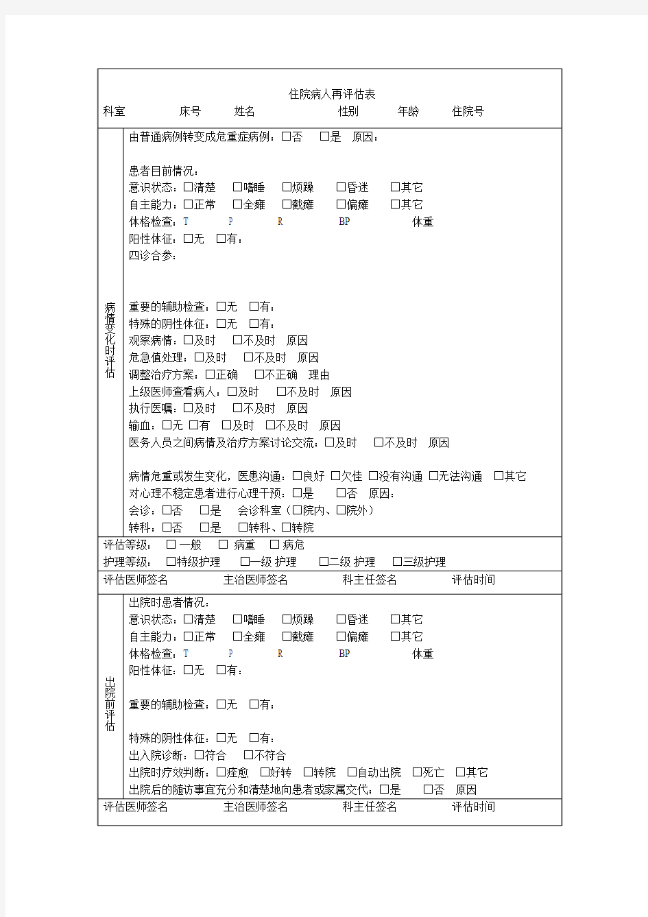 患者病情评估表