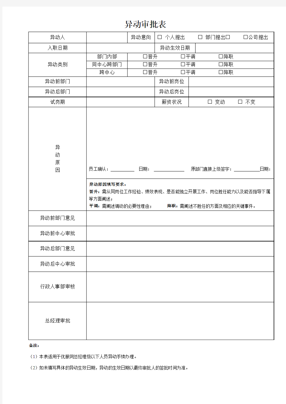 晋升、平调、降职申请表