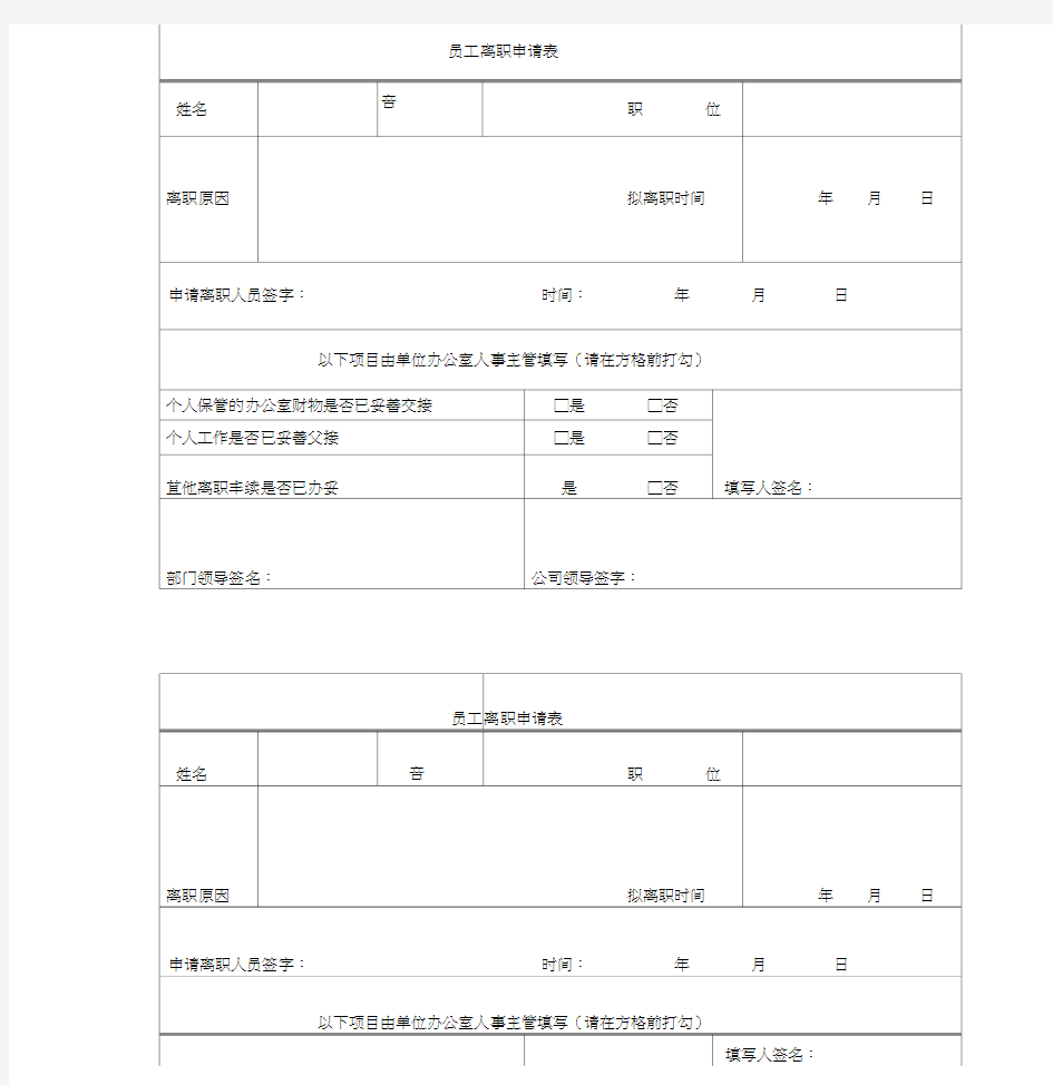 员工离职申请表(模板)