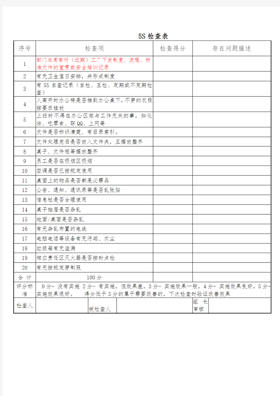 办公室5S检查表