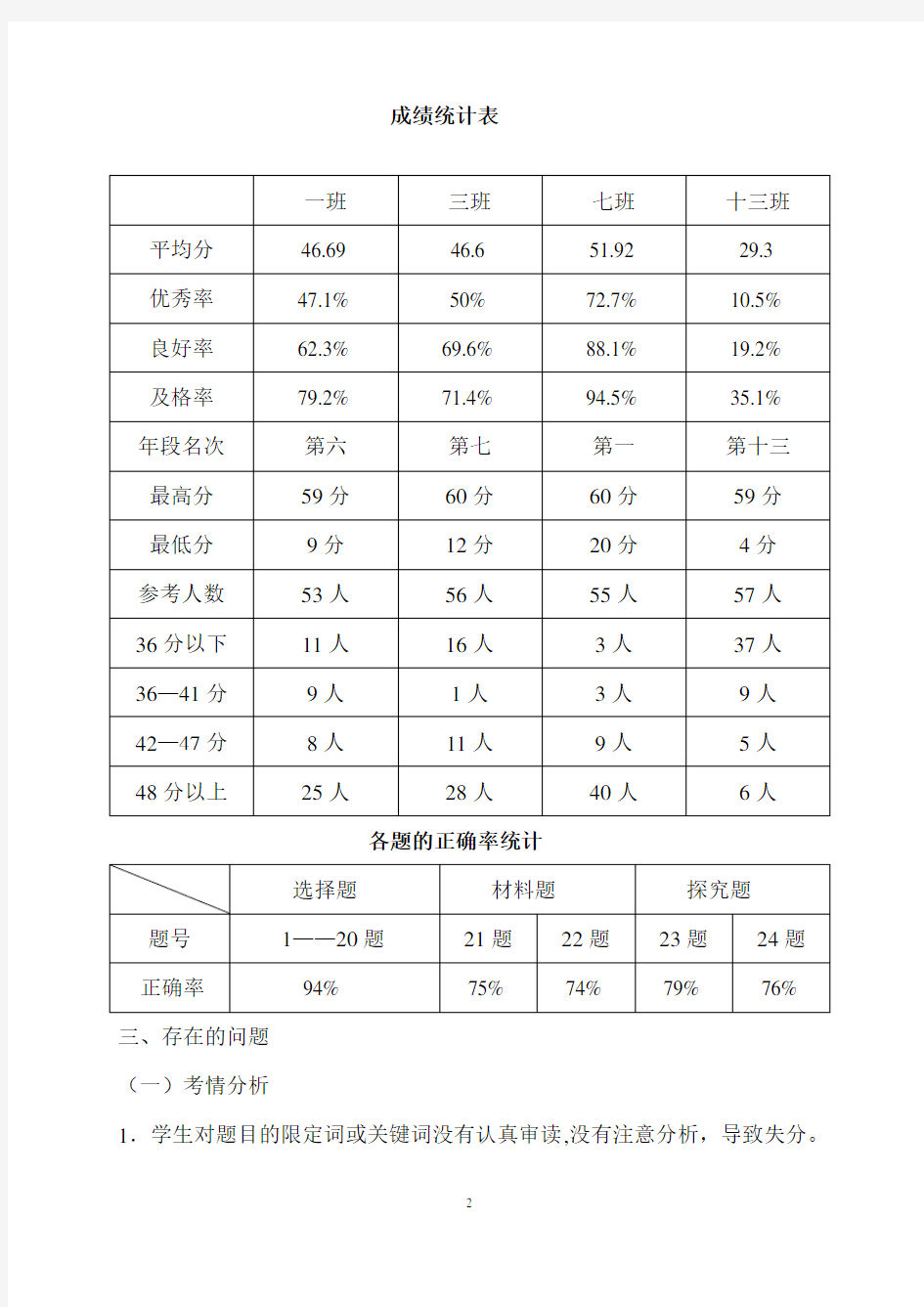 八年级上学期历史期中考试质量分析