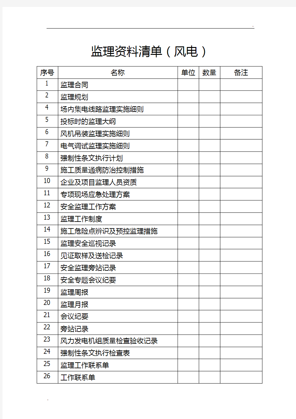 工程监理资料清单(风电)