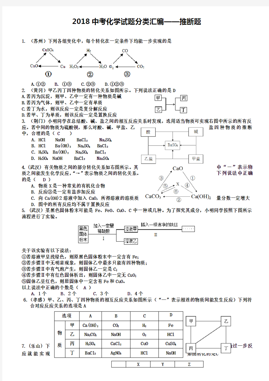 2019年全国各地中考化学试题分类汇编：推断题(含答案)