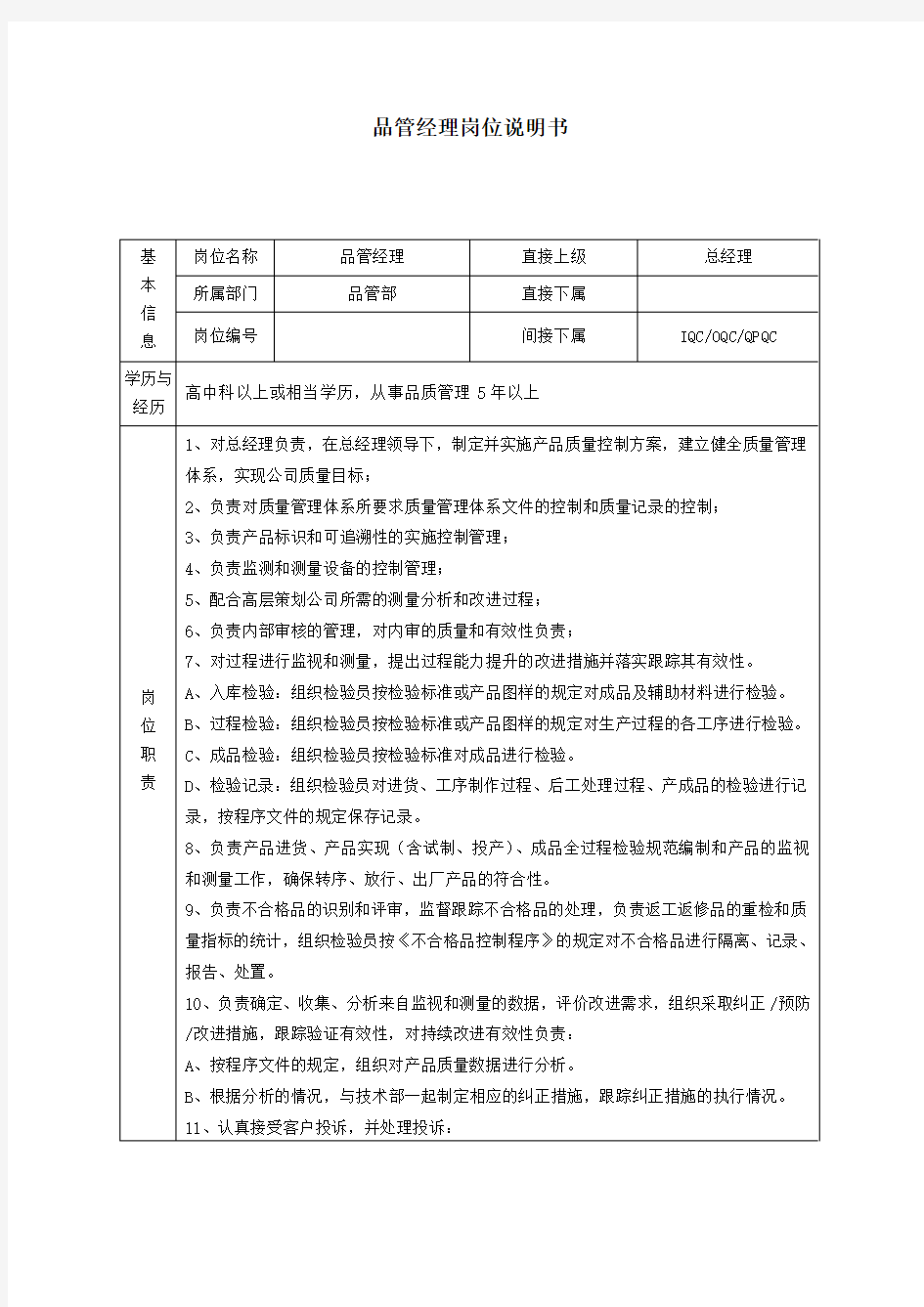 品管经理岗位说明书