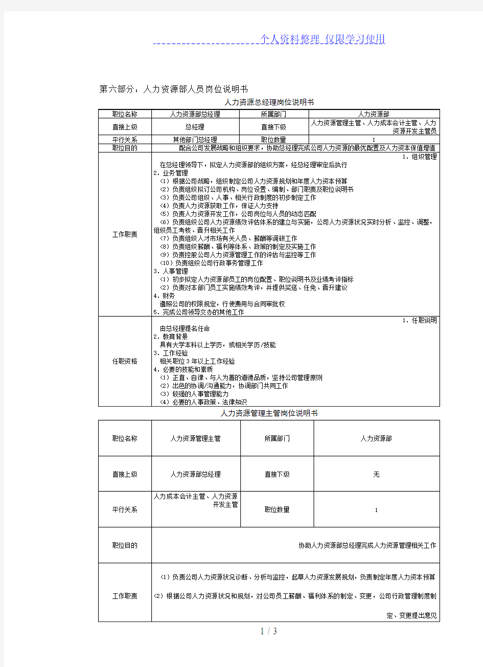 人力资源总经理岗位说明书