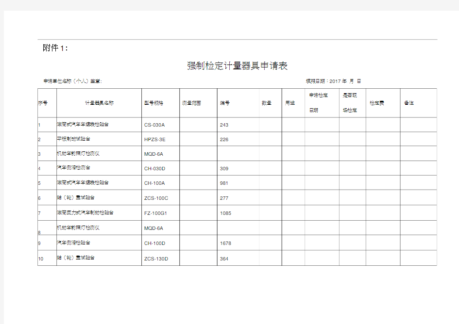 强制检定计量器具申请表