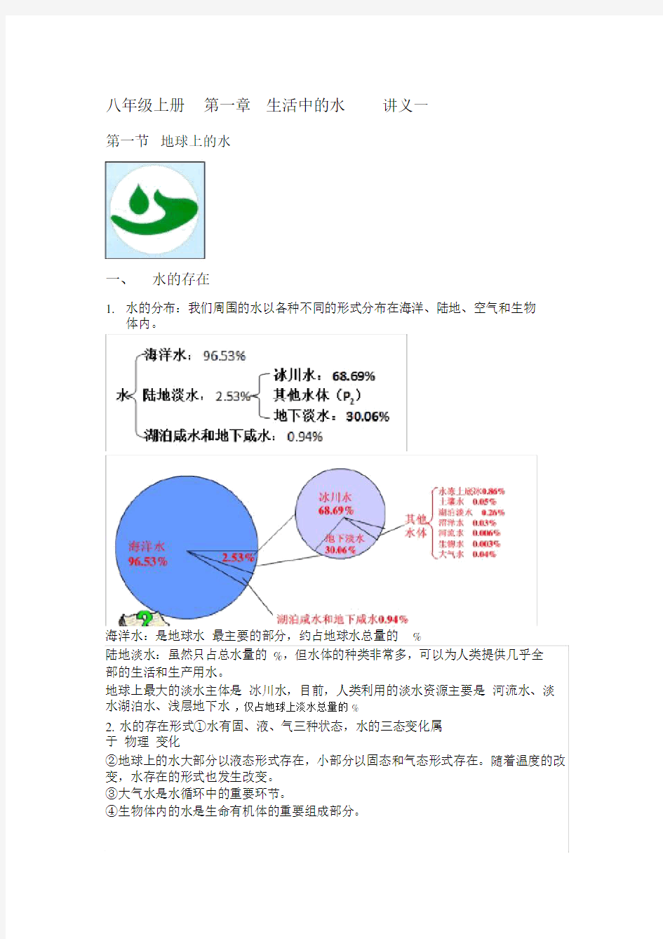 八年级上册第一章生活中的水讲义一.doc