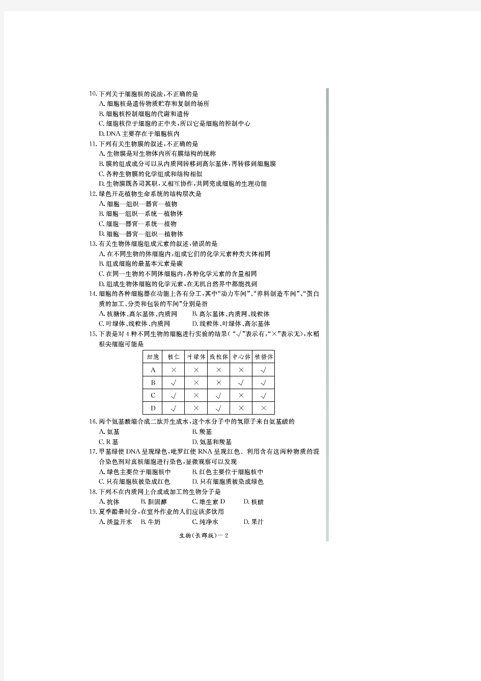 湖南省长沙市长郡中学2014-2015学年高一上学期期中考试生物试题(扫描版)