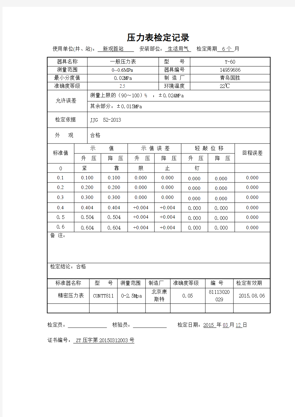 一般压力表检定证书 Y-60 0-0.6MPA