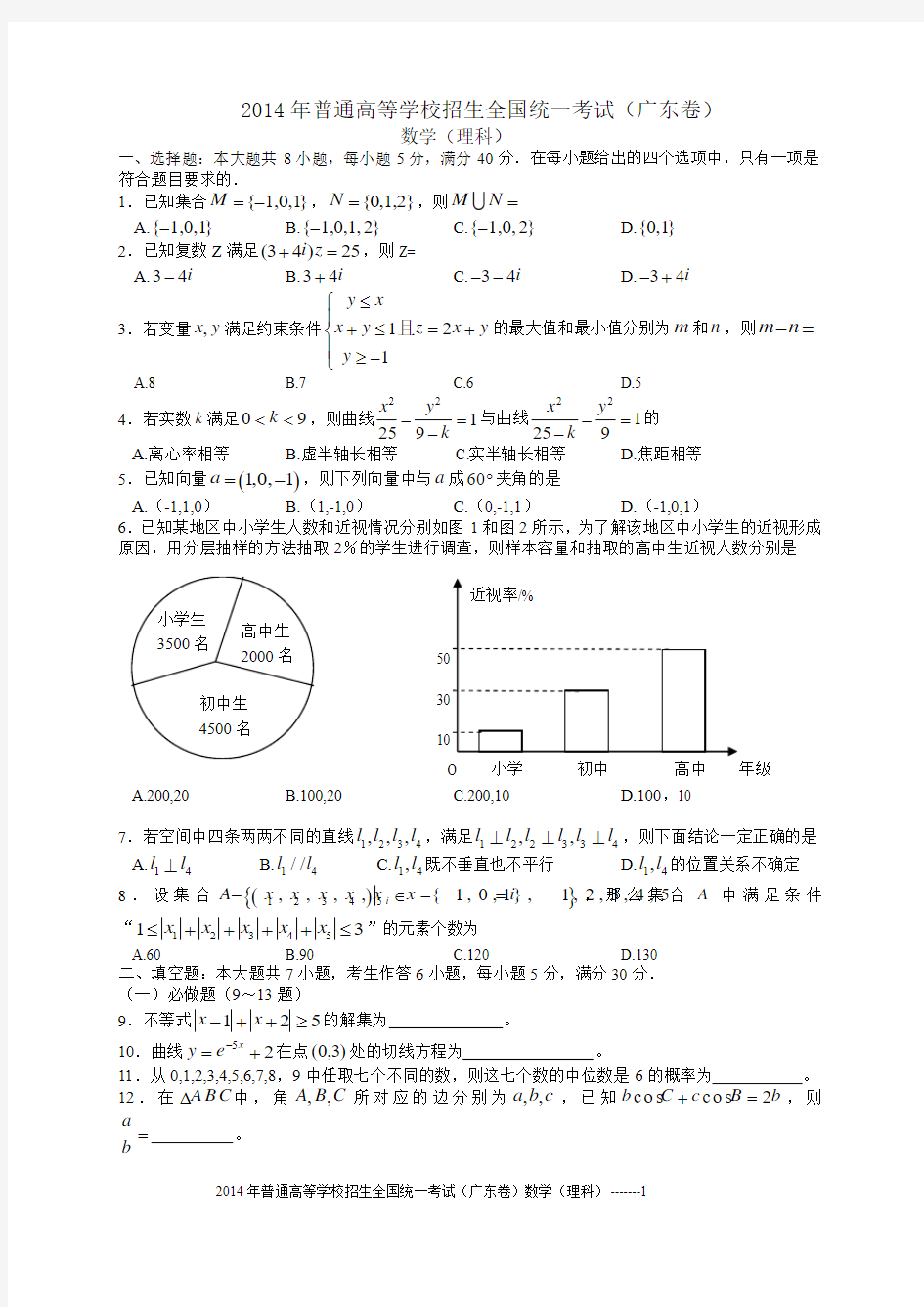 2014年广东高考理科数学试题(含答案)