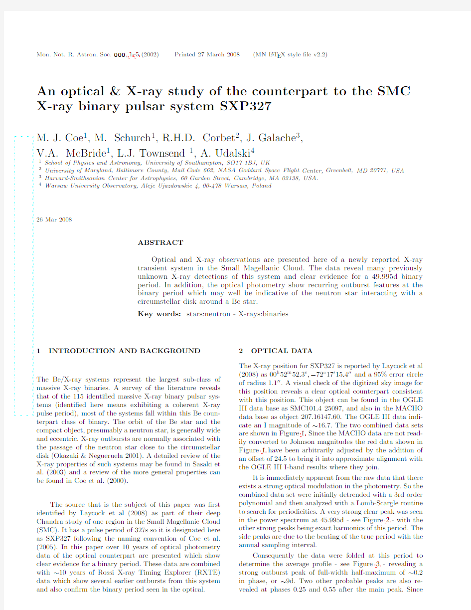 An optical & X-ray study of the counterpart to the SMC X-ray binary pulsar system SXP327