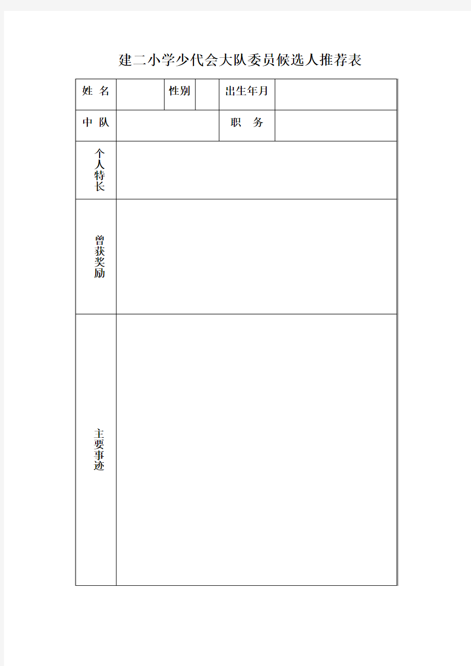 少代会大队委员候选人推荐表