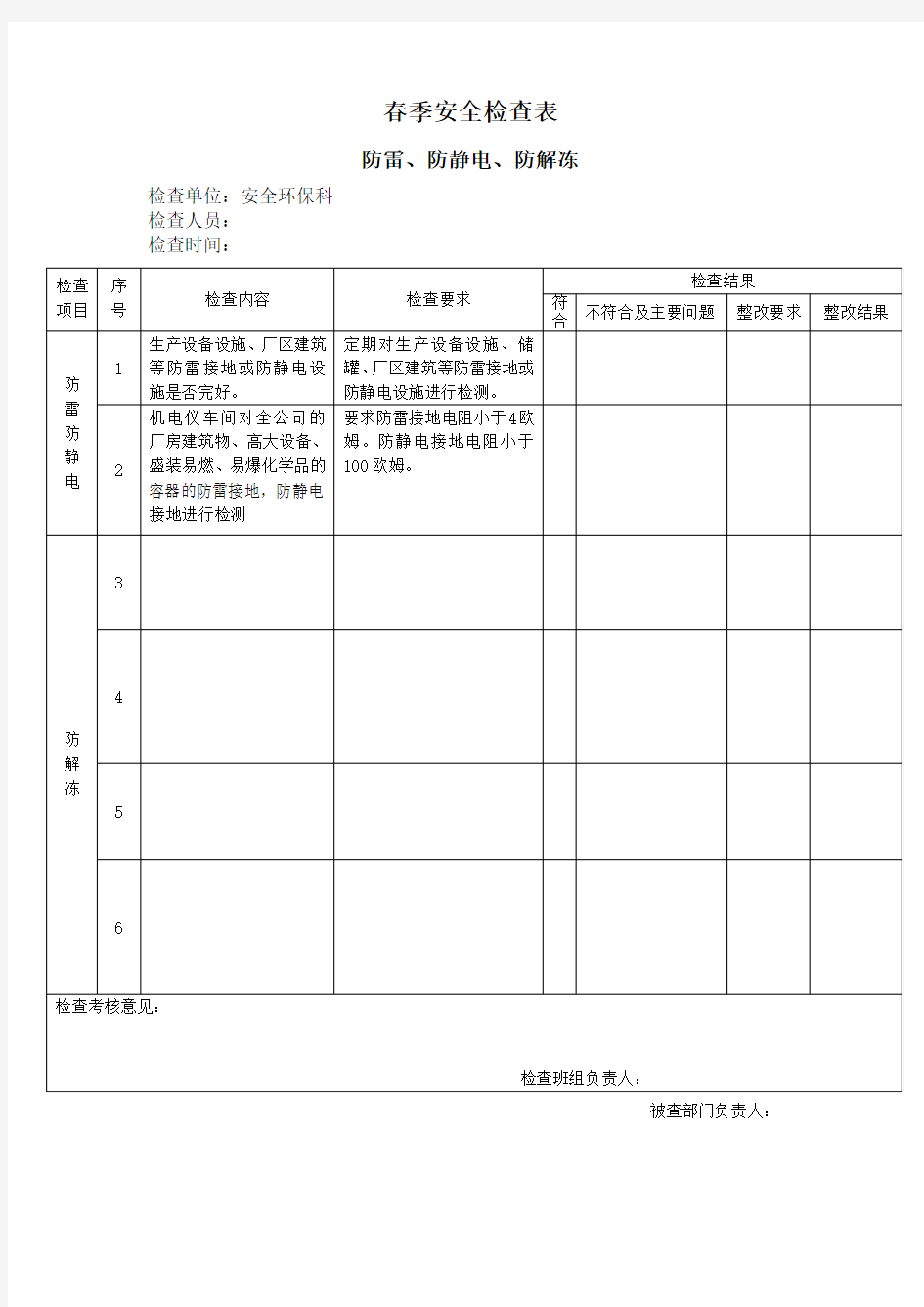 季节性安全检查表