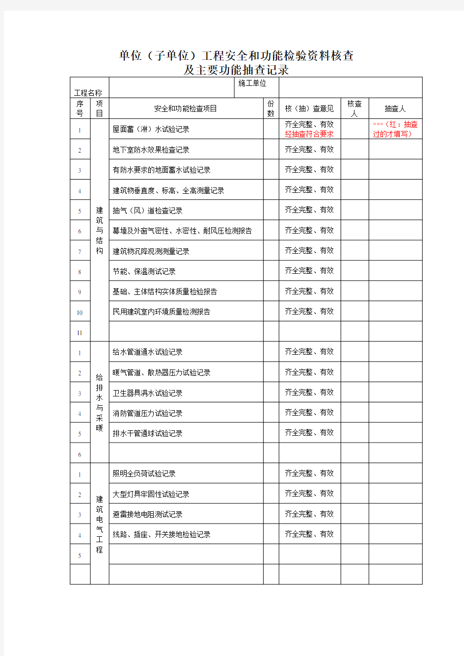 单位(子单位)工程安全和功能检验资料核查及主要功能抽查记录