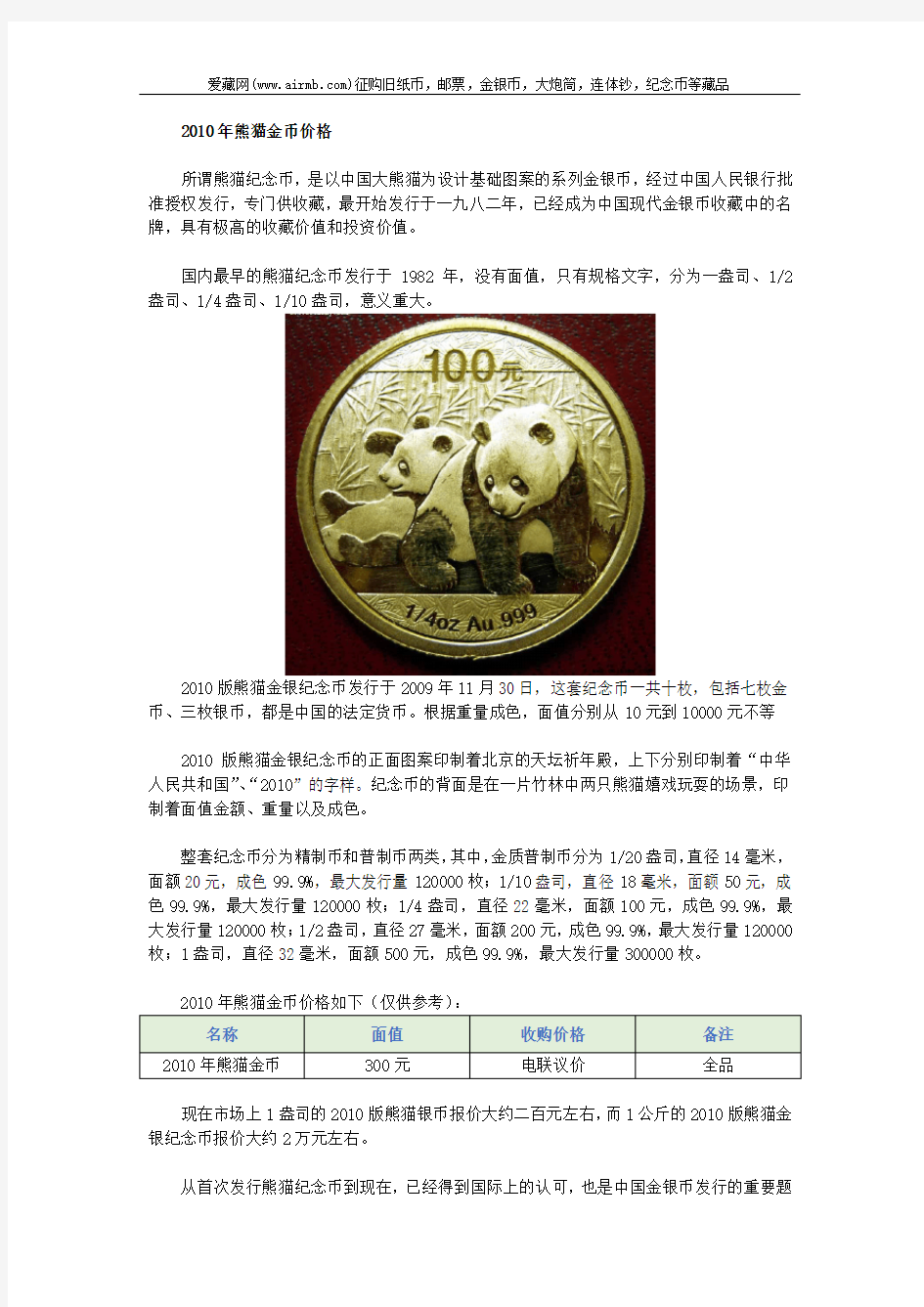 2010年熊猫金币价格