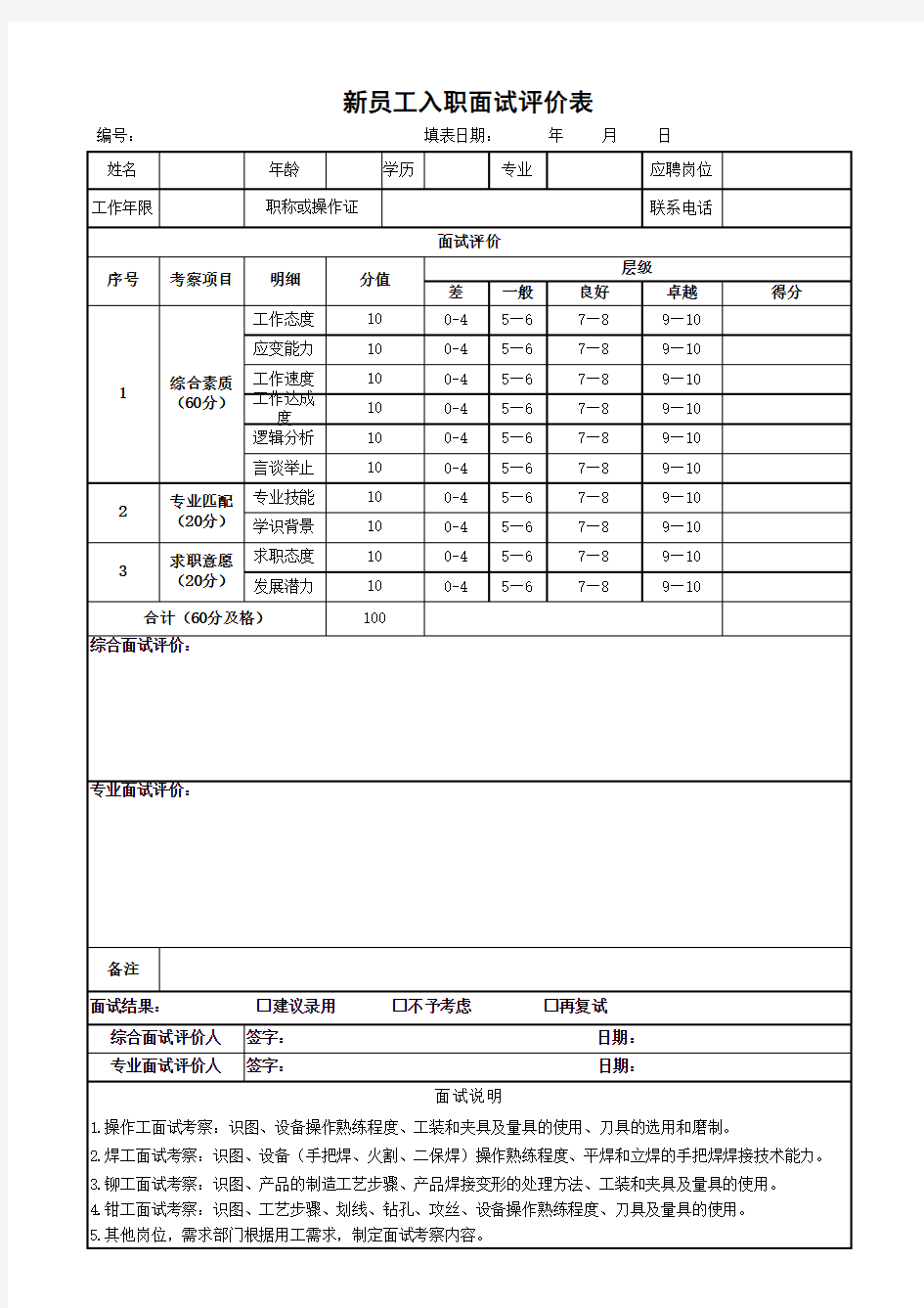 新员工入职面试评价表