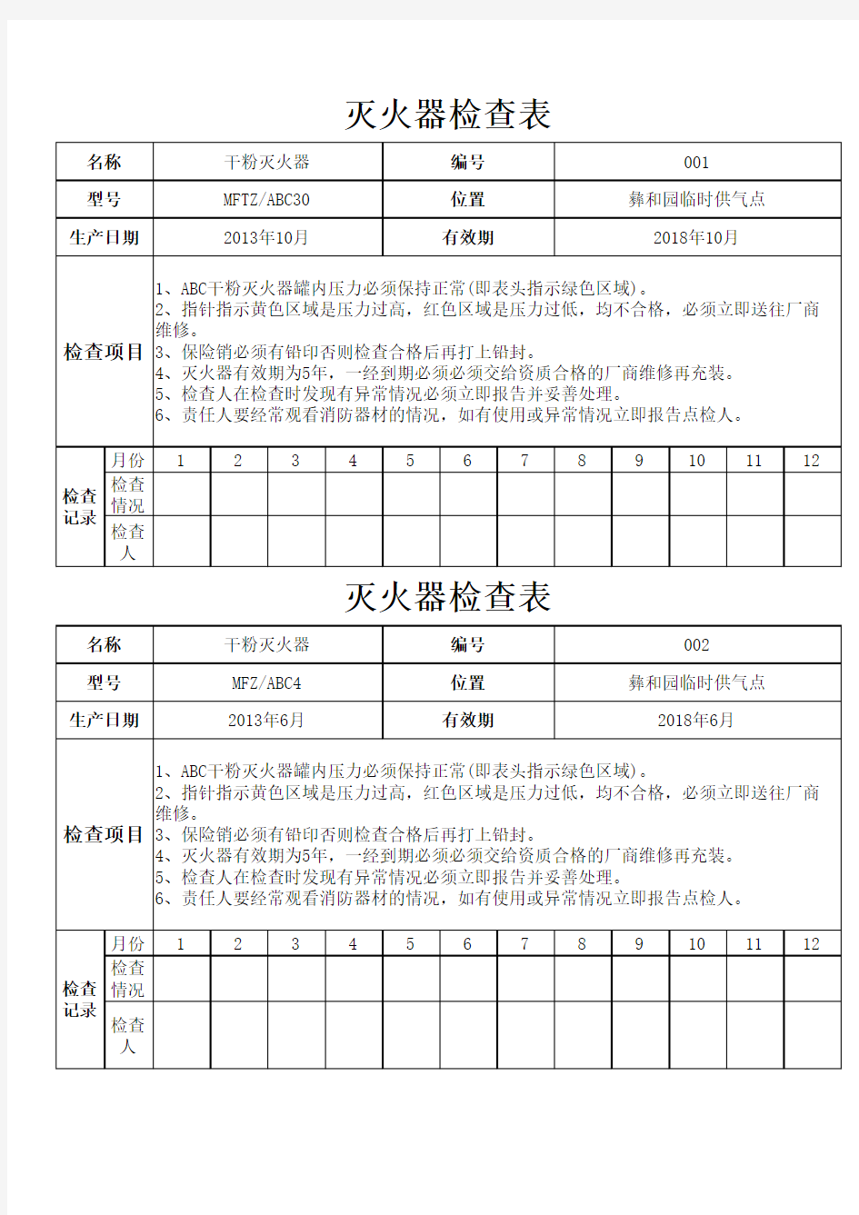 灭火器定期检查表