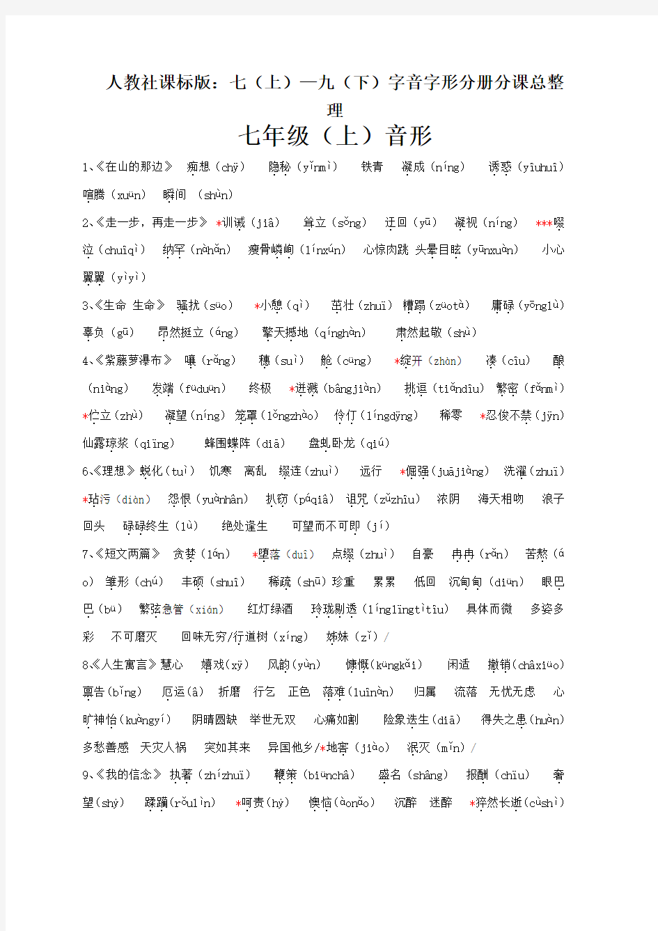 超全人教版初中语文全六册生字词与易错字音字形大全