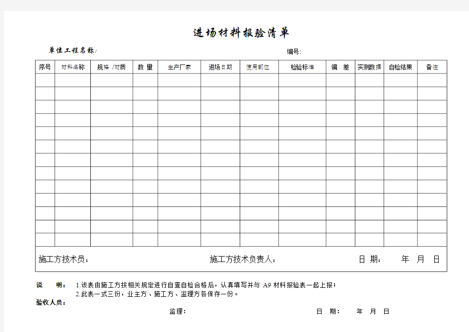 进场材料报验清单