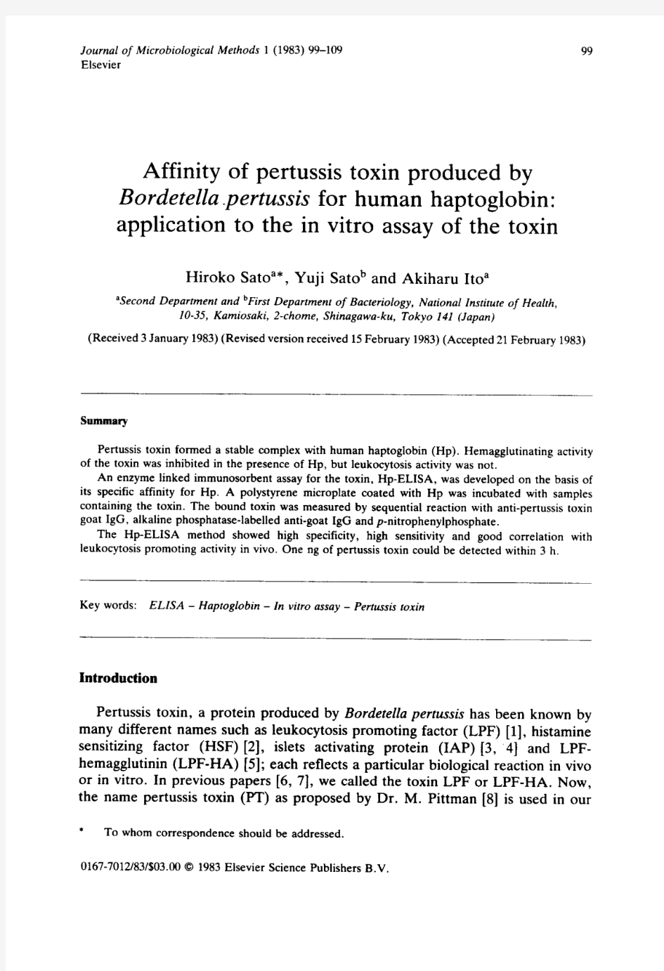 Affinity of pertussis toxin produced by Bordetella pertussis for human haptoglobin application to th