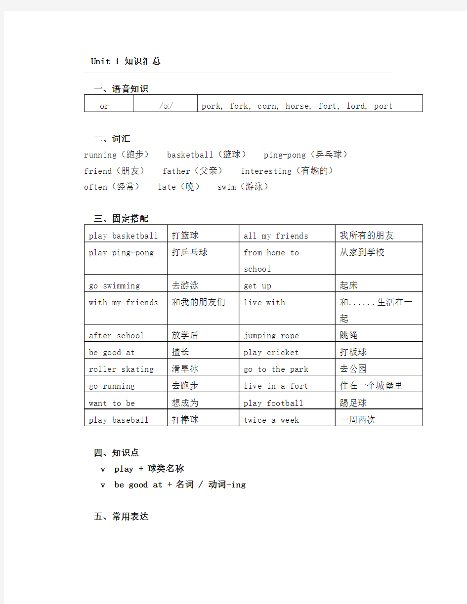 人教版新起点四年级英语上册知识点总结