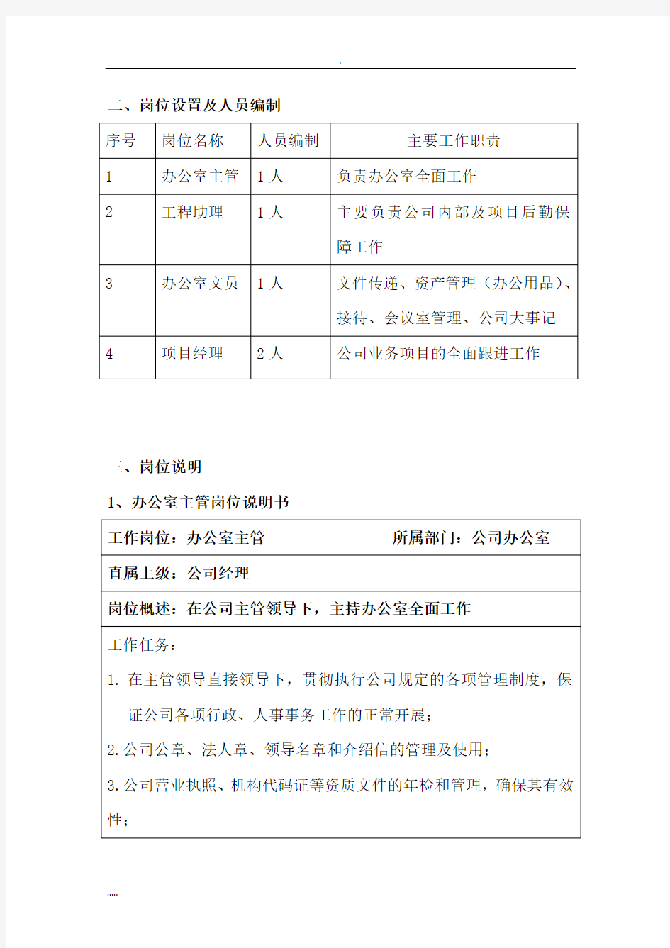 公司办公室工作职责岗位设置