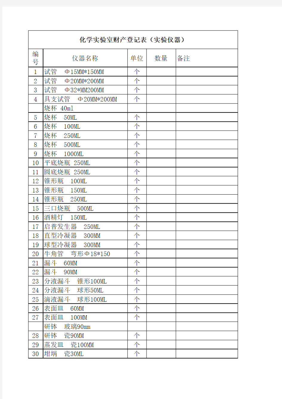 初中化学实验仪器清单