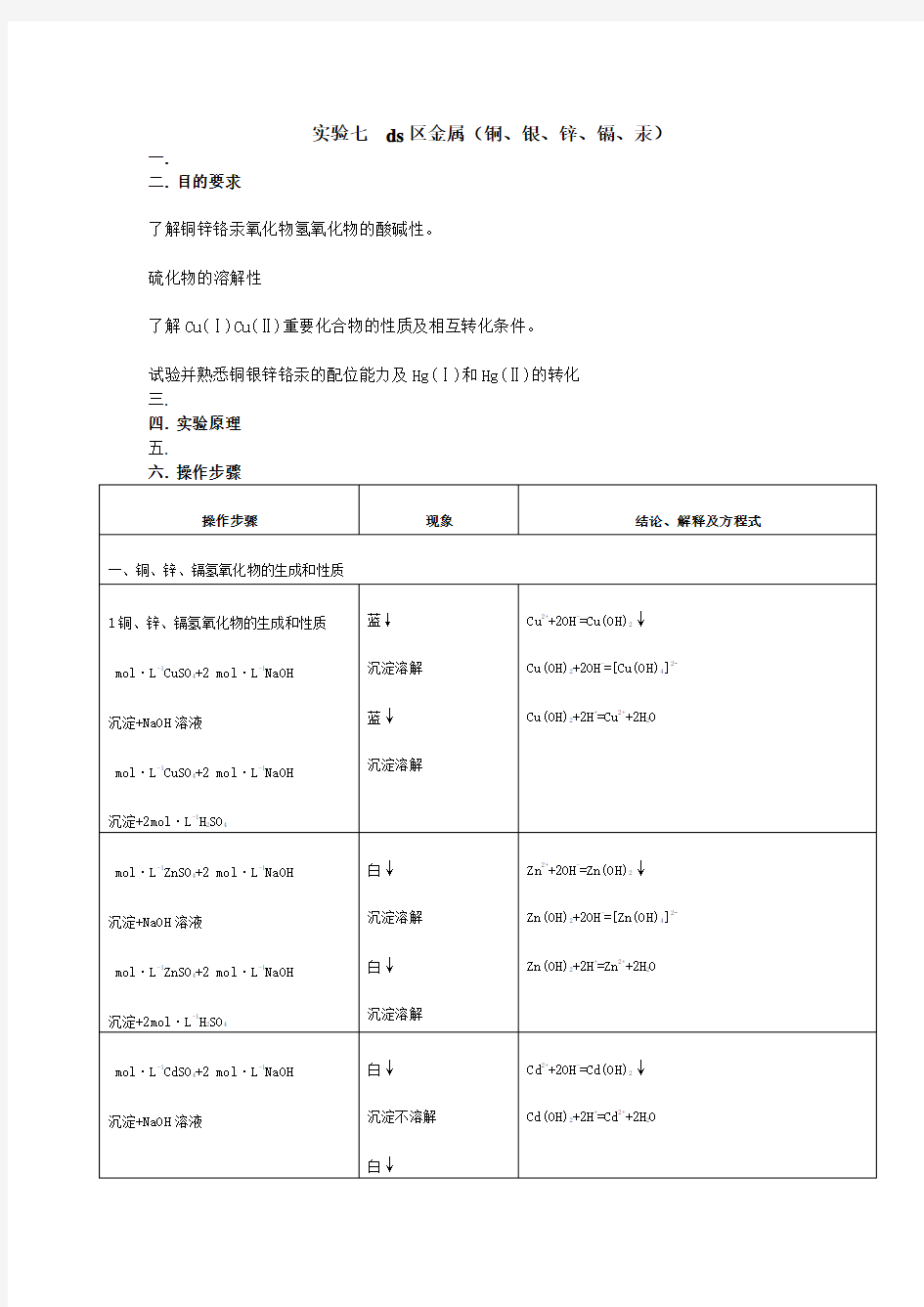 实验七ds区金属铜银锌镉汞