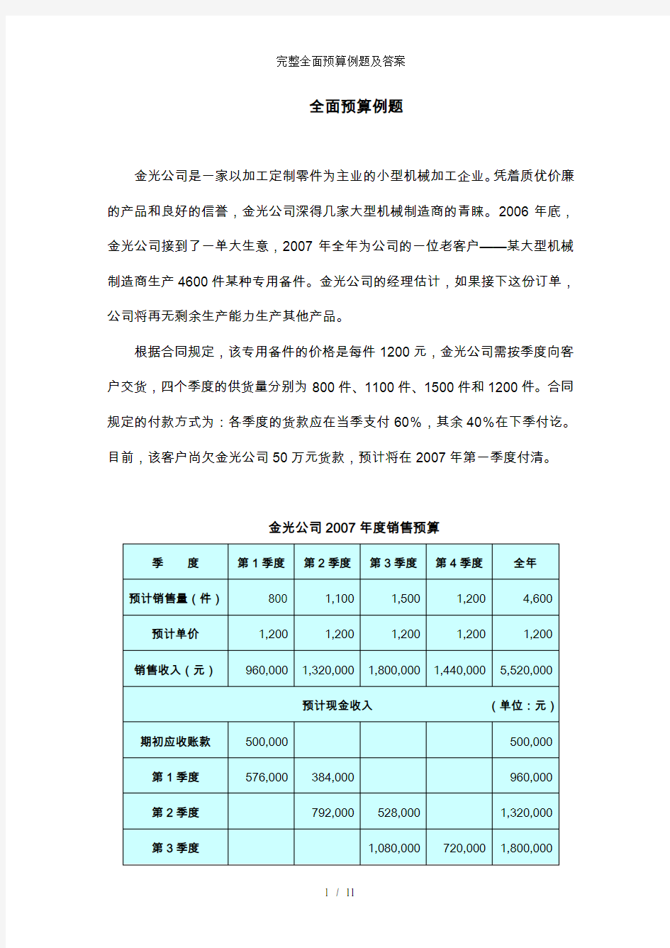 完整全面预算例题及答案