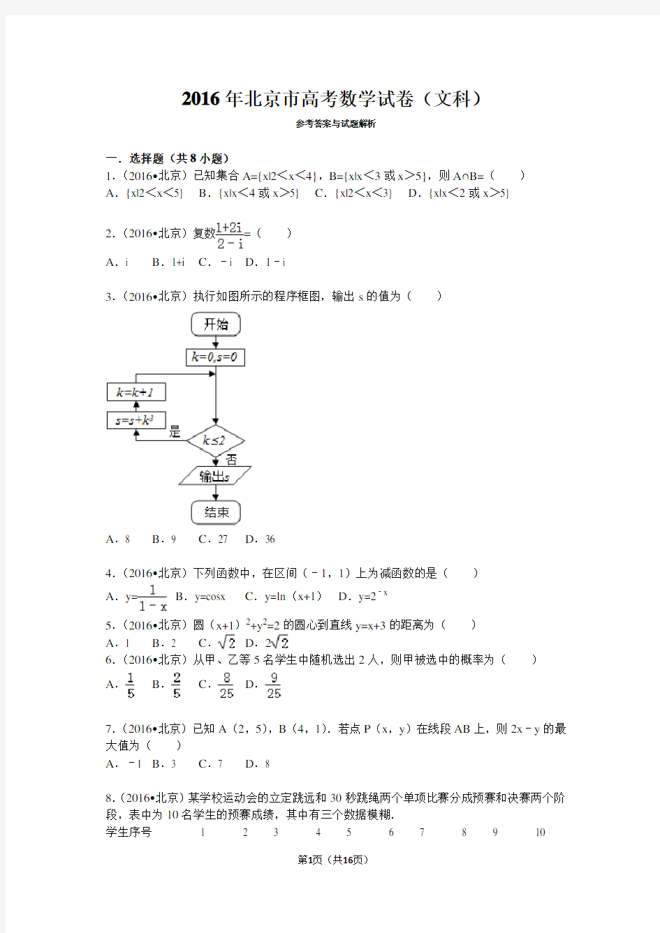 2016年北京高考文科数学试题及答案