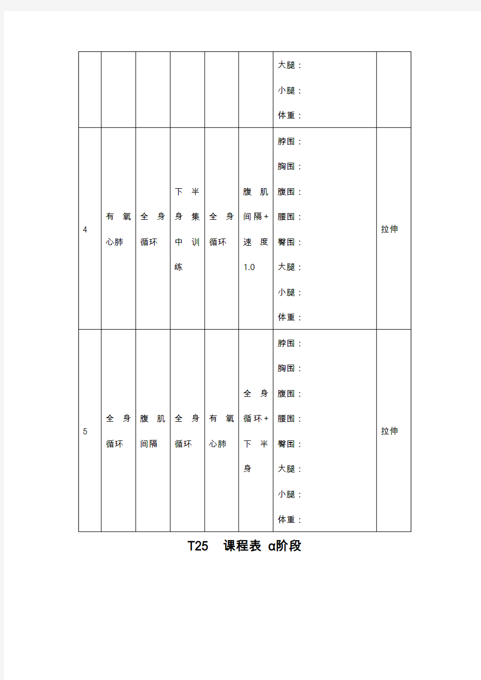 T25第一阶段课程表