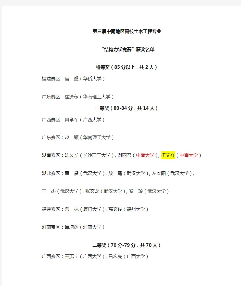 第三届中南结构力学竞赛获奖名单