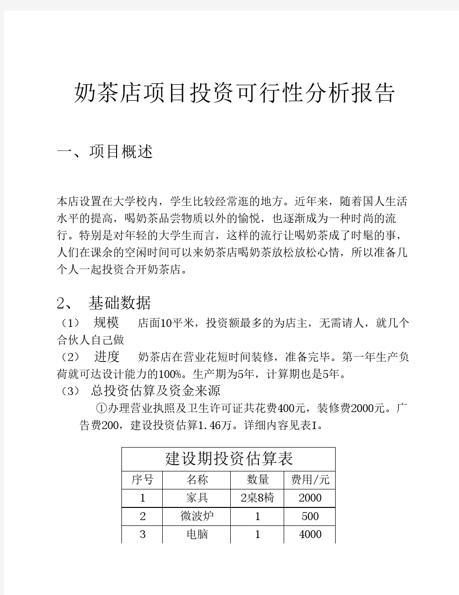 奶茶店项目投资可行性分析报告