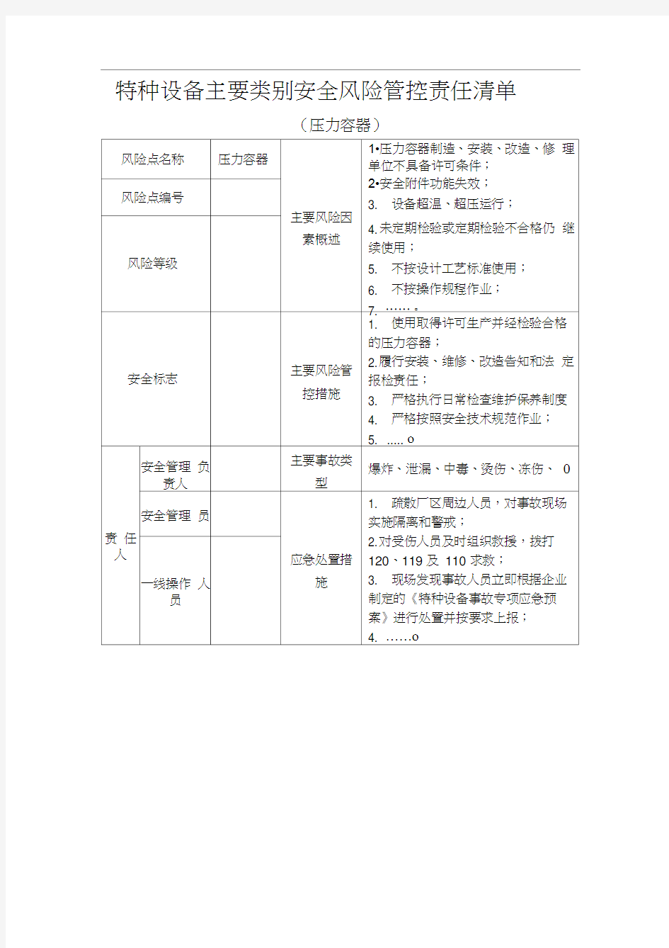 特种设备主要类别安全风险管控责任清单(压力容器)