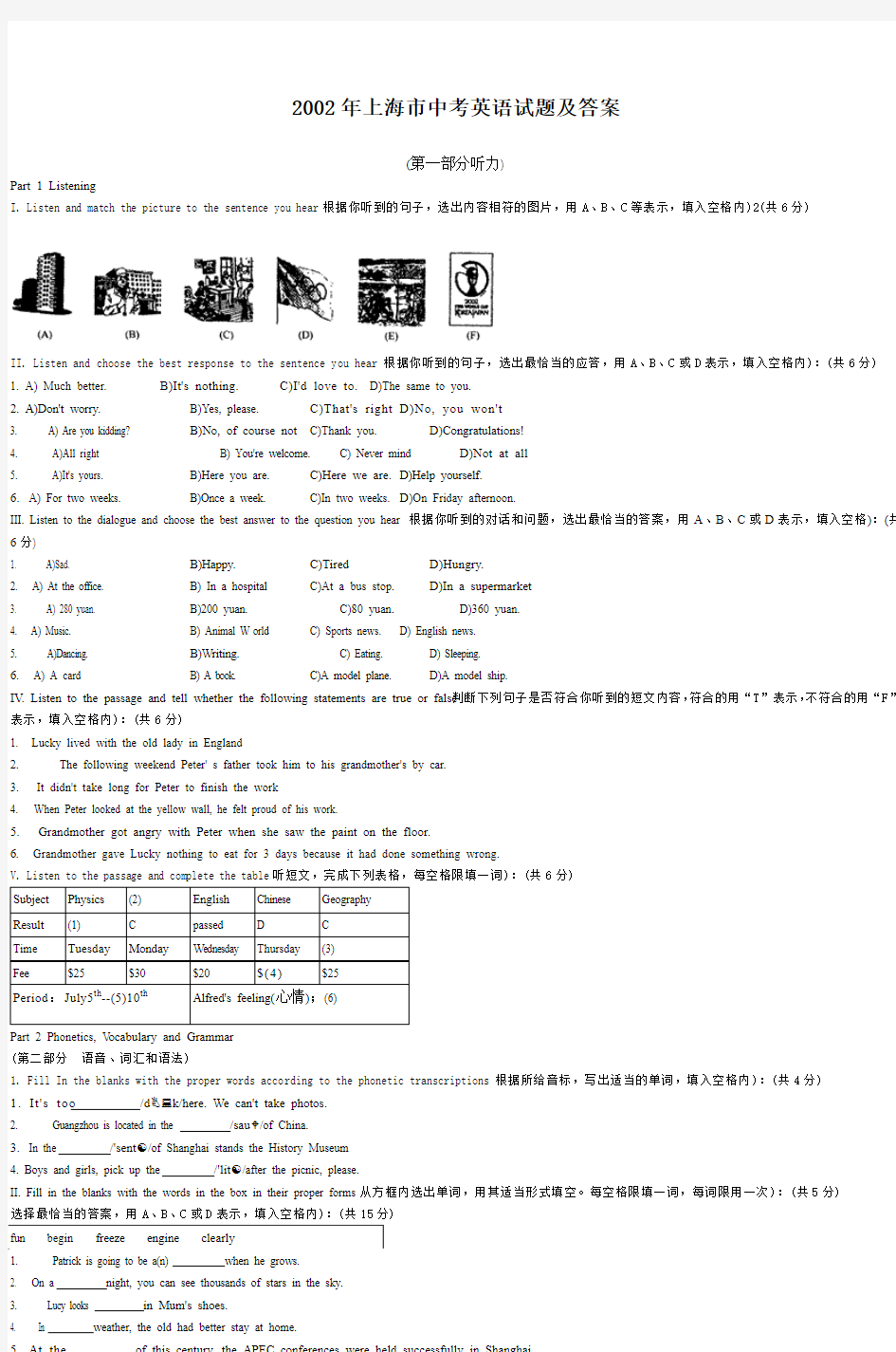 2002年上海市中考英语试题及答案