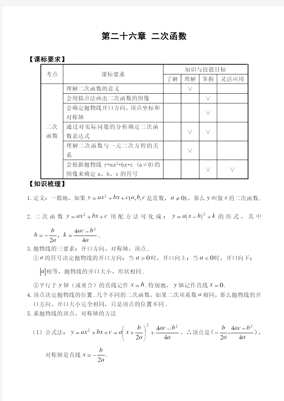 初三中考二次函数专题复习