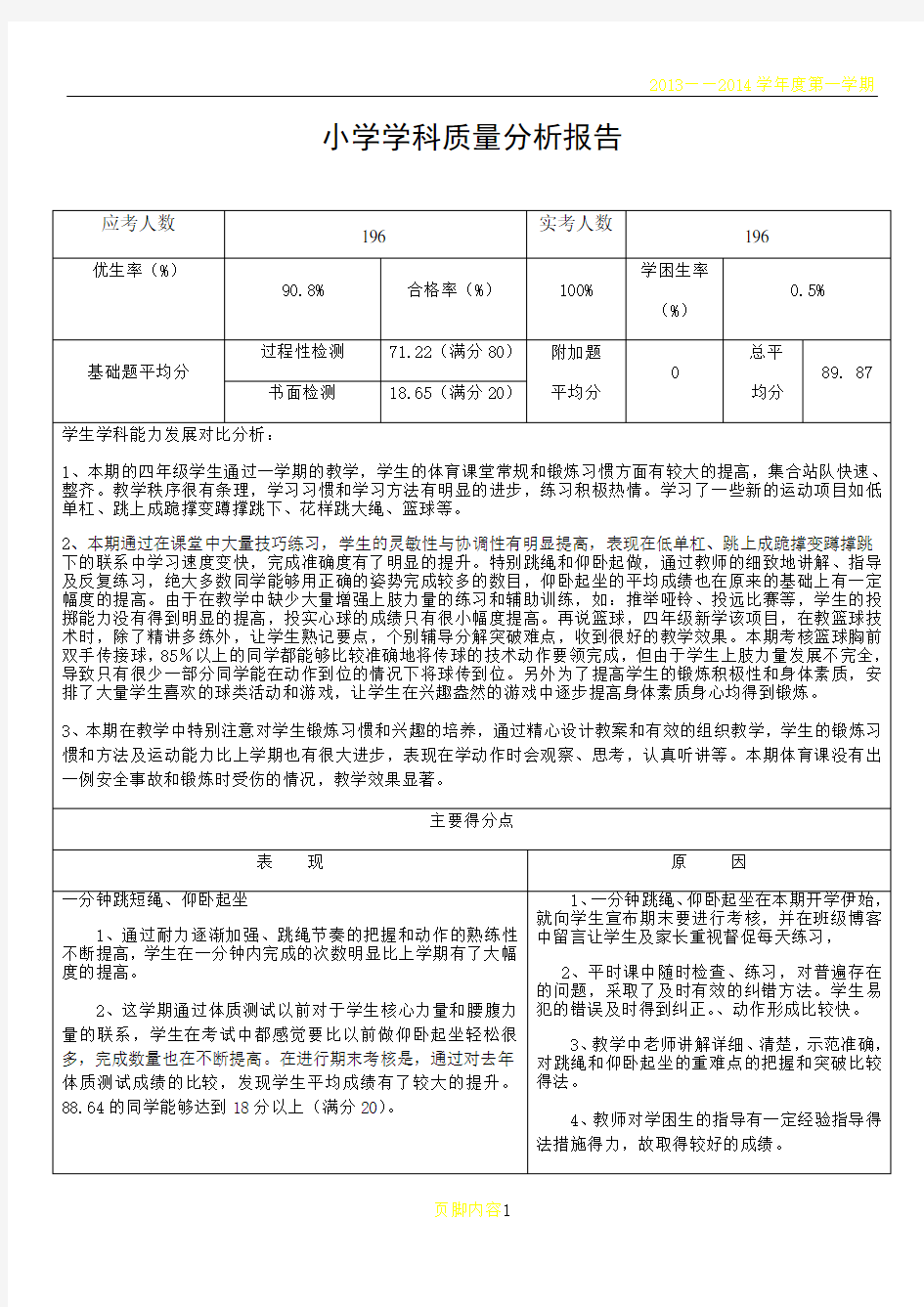 四年级体育学科质量分析报告